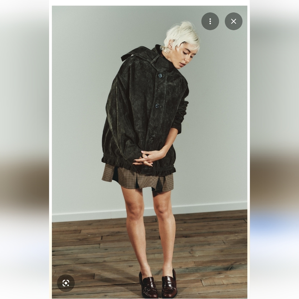 Zara Dark Green Oversized 100% Suede Jacket XS New